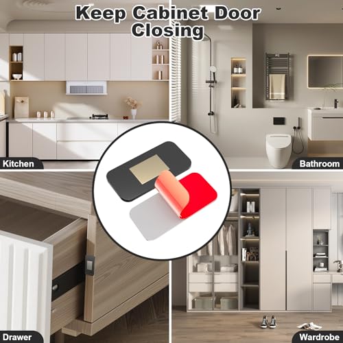 PHIXBEAR 8 Pack Black Magnetic Door Catch, Ultra Thin Cabinet Door Magnets, Adhesive Drawer Magnets to Stay Closed, Stainless Steel Cabinet Latch Easy to Install with Double Sided Tape - size: 8 Pack