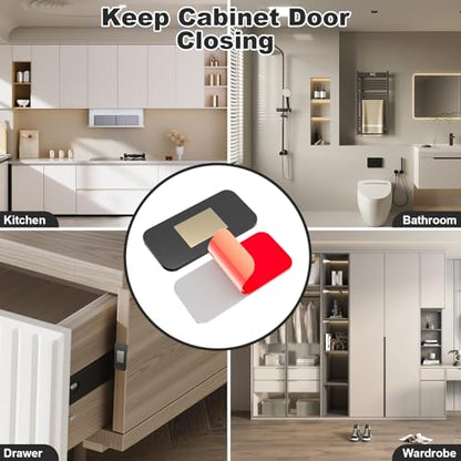 PHIXBEAR 8 Pack Black Magnetic Door Catch, Ultra Thin Cabinet Door Magnets, Adhesive Drawer Magnets to Stay Closed, Stainless Steel Cabinet Latch Easy to Install with Double Sided Tape - size: 8 Pack