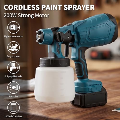 200W Cordless HVLP Paint Sprayer, Handheld Electric Spray Gun with 2 Pack 2000mAh Batteries, 1000ml High Capacity Tank, 3 Spray Patterns for Cabinets, Fences, House DIY Painting