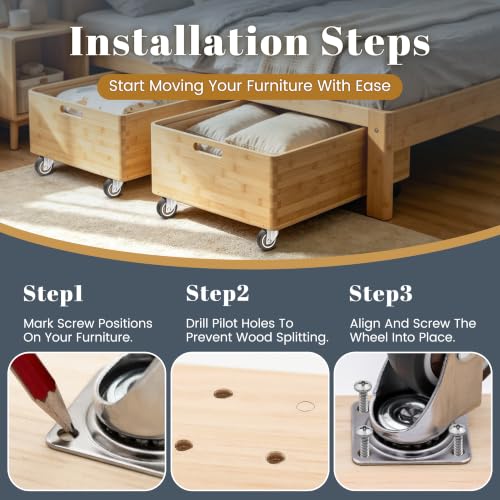 Mellewell 1" Silent Rubber 360 Degree Swivel Plate Casters, Low Profile Wheels, No Noise Plate Castors for Cabinet, Table, Carts, 4 PCS - size: 1" (no brake)