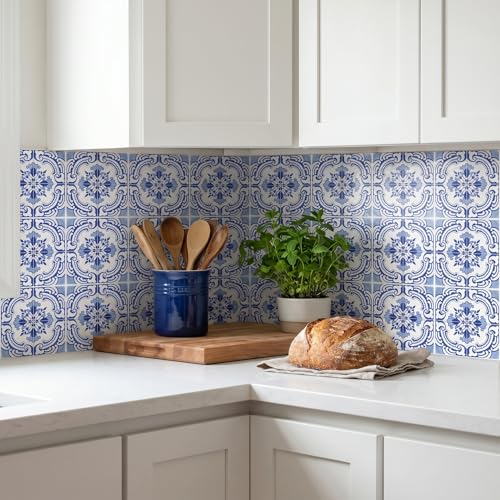 30 Pack, 4x4 Inch Classic Portuguese Azulejo Tile Decals, Blue and White Peel and Stick Vinyl for Backsplash, Stairs & Furniture (Blue) - color: Blue