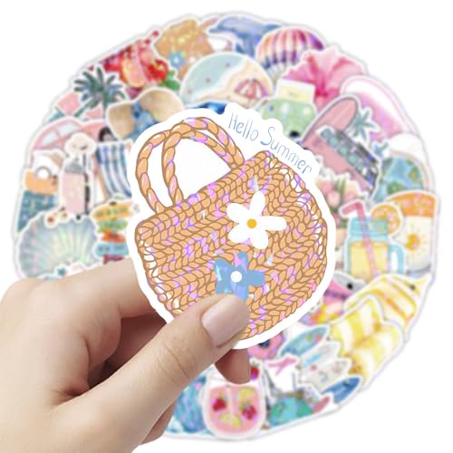 50PCS Holographic Summer Beach Stickers, Waterproof Vinyl Aesthetic Tropical Decals for Scrapbooking, Journaling, Water Bottles, Laptops, Envelopes, Pastel Vacation & Ocean Stickers for Teens - color: Holographic Summer Beach-5