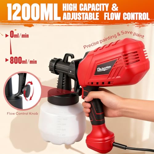 Electric Paint Sprayer HVLP 750W Paint Gun, 40.58 Oz Detachable Container, 4 Nozzles 3 Spray Patterns & Adjustable Flow Control, for House Painting Furniture Cabinet Fence Wall Door