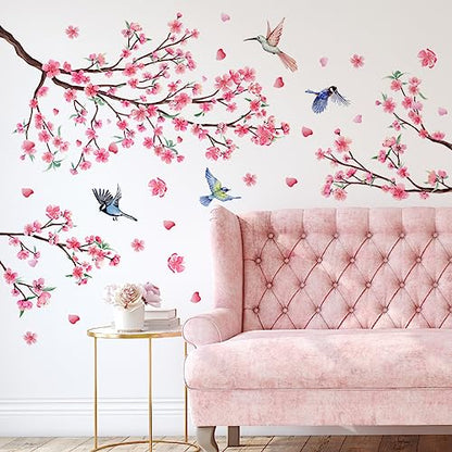 iMagitek Large Cherry Blossom Wall Stickers Pink Flowers Tree Branch Birds Floral Cherry Blossom Wall Decals for Bedroom Living Room Sofa TV Background - style: Cherry Blossom
