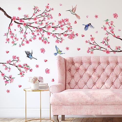 iMagitek Large Cherry Blossom Wall Stickers Pink Flowers Tree Branch Birds Floral Cherry Blossom Wall Decals for Bedroom Living Room Sofa TV Background - style: Cherry Blossom