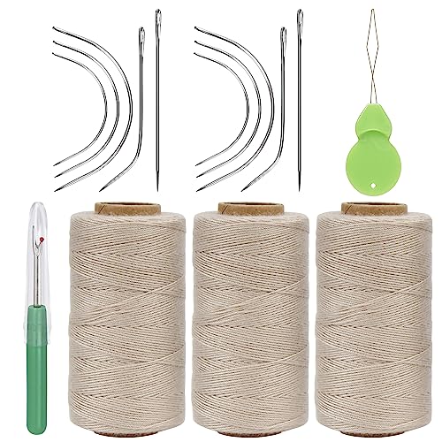 Lusecarl Needle and Thread for Hair Extensions 3 Rolls Hair Weave Sewing Threads with 10 Pcs C J I Shape Curved Upholstery Needles for Hand Sewing, Hair Extensions, Making Wigs DIY (10+3, Blond) - color: Blond, size: 10 Needle+3 Thread