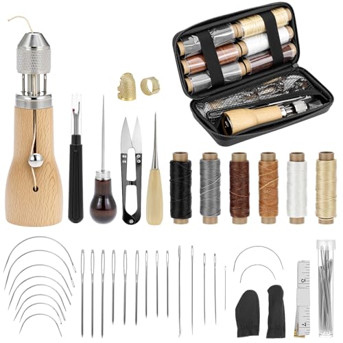 QWORK Sewing Awl Kit with Bag, Leather Sewing Waxed Thread Kit, Repair Sewing Kit, Portable Awl Tool Stitching, Leather Craft Tool Kit