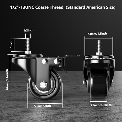 2 Inch Stem Casters 1/2"-13x1 Heavy Duty Threaded Caster Wheels Set of 4 - color: Black, size: 2in(1/2"-13)