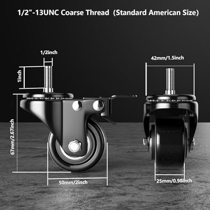 2 Inch Stem Casters 1/2"-13x1 Heavy Duty Threaded Caster Wheels Set of 4 - color: Black, size: 2in(1/2"-13)