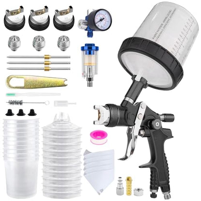HVLP Air Spray Gun Kit Includes 10 Disposable 650ml Paint Cups with 1.4/1.7/2.0mm Nozzles. The Automotive Paint Spray Gun can be Used for Primer, Clear Topcoat Application(Black) - color: Black