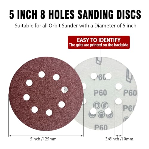 44 Pack 5 Inch 8-Hole Hook and Loop Sanding Discs Sandpaper Red Round 60 Grit Sandpaper for Random Orbital Sander - style: 60 Grit 44-Pack