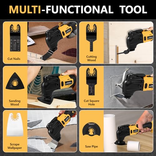 Cordless Oscillating Tool, Brushless Orbiting Tool Compatible with DeWalt 20V Battery, 23 PCS Multi-Tool Kit with Auxiliary Handle for Cutting, Scraping, Sanding, 6 Variable Speed (Tools Only)