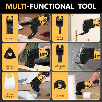 Cordless Oscillating Tool, Brushless Orbiting Tool Compatible with DeWalt 20V Battery, 23 PCS Multi-Tool Kit with Auxiliary Handle for Cutting, Scraping, Sanding, 6 Variable Speed (Tools Only)