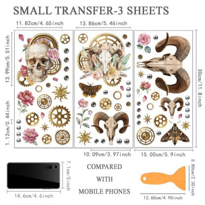 OLYCRAFT 3Pcs Retro Skull Rub on Transfers for Furniture and Crafts 6x12 Inch Sheep Skull Furniture Decals Decor Gears Transfer Stickers with 1pc Scraper for Glass Cups Cabinets DIY Home Decor - style: Skull
