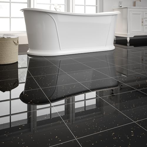 20-Pack 20 Sq.Ft Peel and Stick Floor Tiles Vinyl Glossy Pattern Flooring, 12” x 12” Self Adhesive Vinyl Flooring DIY for Kitchen, Bathroom, Laundry, Polish Black Galaxy Marble - color: Polish Black Galaxy Marble