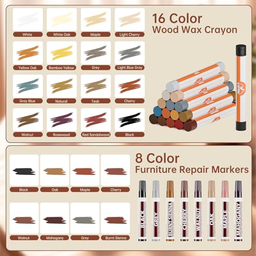 Wood Repair Crayons – 24 Colors, Scratch Filler for Floors & Furniture