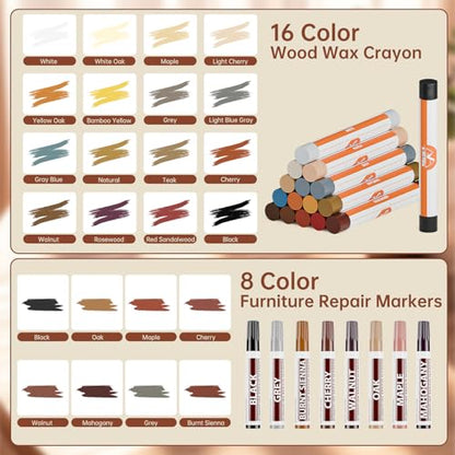 Wood Repair Crayons – 24 Colors, Scratch Filler for Floors & Furniture