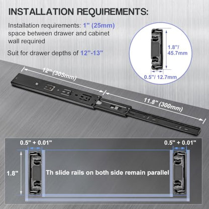 Soft Close Drawer Slides 12 Inch - Black, 1 Pair (2 Pieces) - color: Black, size: 12 Inch