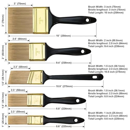 20 Pcs Paint Brushes, 5 Sizes, 1" 1.5" 2" 3" Flat & 1.5" Angled
