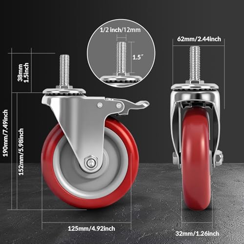 Caster Wheels,5 Inch Locking Swivel Caster for Furniture with Threaded Stem - size: 5"4pack