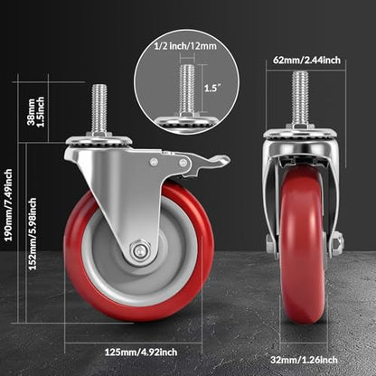 Caster Wheels,5 Inch Locking Swivel Caster for Furniture with Threaded Stem - size: 5"8pack