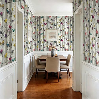 Birch Tree Peel and Stick Wallpaper, Butterfly Woodland Nature Wallpaper - color: ML-M095, size: 17.7" x 236"