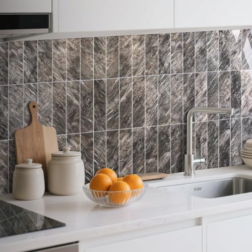 AULIGET 40-Piece Polished Brown Peel and Stick Backsplash Wall Tiles, 3" x 12" PVC Faux Stone Stick on Tiles for Backsplash Kitchen, Bathroom, Laundry Room, Camper, Fireplace - color: Polished Brown, size: 40 Pieces, 3"x12"x0.12"