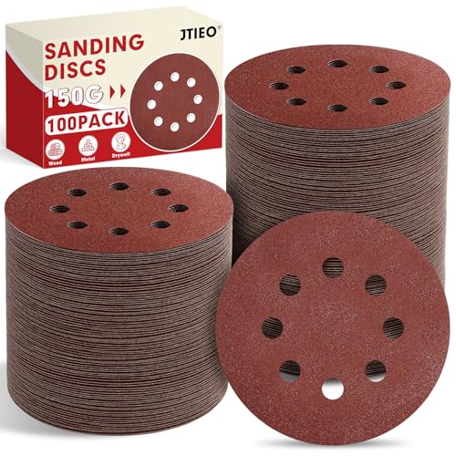 JTIEO 100PCS Sanding Discs 5 Inch, 150 Grit Orbital Sander Pads, Hook & Loop Sandpaper Pads, 8 Hole Round Sanding Discs for Random Orbital Sanders - style: 150Grit-100pcs