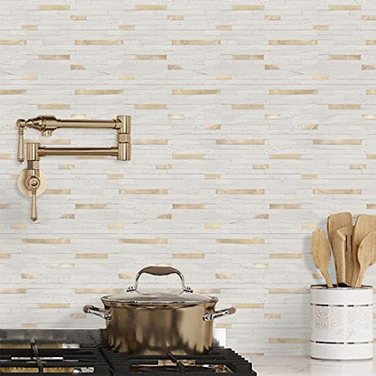 STICKGOO 20 Sheets Peel and Stick Backsplash Tile, Stick on Backsplash for Kitchen and Bathroom, White Sandstone Look PVC Mixed Metal Gold Self Adhesive Wall Tiles - color: White Sandstone + Metal Gold