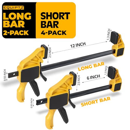 EQUIPTZ 6 Pack Bar Clamps for Woodworking – 2 Pcs 12" & 4 Pcs 6" Quick Grip Clamps Set with 150 lbs Force – Wood Clamps for Gluing, Carpentry, DIY, and Metalworking (Combo Sizes, 6 Pack) - style: Combo Sizes, 6 Pack
