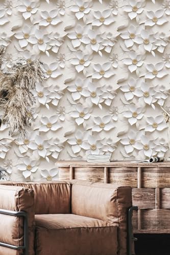 Peel and Stick Wallpaper Cream White Floral Small Art Deco - color: Cream&yellow, size: 17.7" x 78.7"