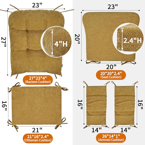 5 PCS Glider Rocker Replacement Cushions with Storage Side Pocket, Luxuriy Chenille Fabric Foam & Microfiber Filling, Thickened & Supportive Rocking Chair Cushion Set, Yellow - color: Yellow