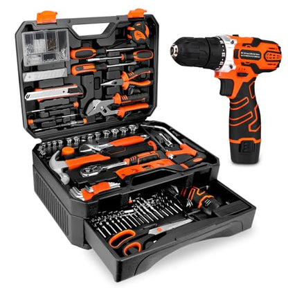 255-Piece Home Tool Kit with 12V Cordless Drill and Drawer Case