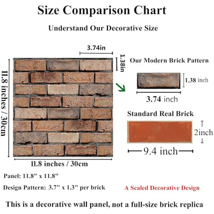 3D Wall Panels Peel and Stick 10 Pcs Brick Textured PVC Panels - color: Red Stone