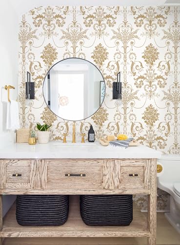 Damask Floral Peel and Stick Wallpaper Removable Gold Flowers Contact Paper - color: Gold, size: 17.3" x 118"