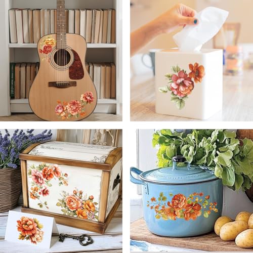 OLYCRAFT 3Pcs/Set Orange Flower Rub on Transfers for Furniture and Craft 6x12 Inch Peony Furniture Decal Transfer Sticker Rub on Decal with 1pc Scraper for Scrapbook Window Home Decoration - style: Orange Flower