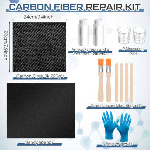 Teenyyou 15 Pcs Carbon Fiber Repair Kit 9.5 x 8 3K Twill Weave Carbon Fiber Fabric, 3.5 oz Epoxy Resin 1.8 oz Hardener and Tools for DIY Repairs on Car Bumper, Furniture, Bikes, Boats, Wall - style: Twill Weave