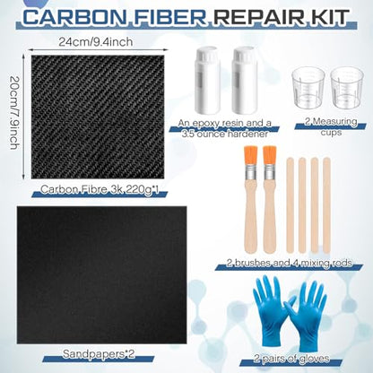 Teenyyou 15 Pcs Carbon Fiber Repair Kit 9.5 x 8 3K Twill Weave Carbon Fiber Fabric, 3.5 oz Epoxy Resin 1.8 oz Hardener and Tools for DIY Repairs on Car Bumper, Furniture, Bikes, Boats, Wall - style: Twill Weave