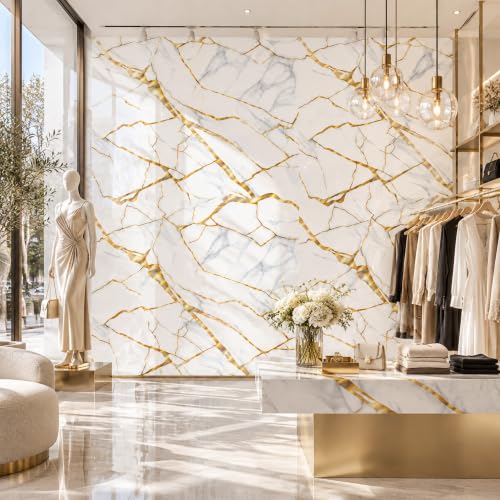 White Holographic Bold Gold Marble Peel&Stick Wallpaper 47.2x394in - color: White Holographic Bold Gold Marble, size: 47.2" x 394"