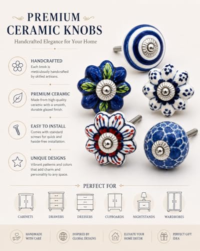 JGARTS Set of 25 Hand Painted Ceramic Cabinet Knobs Blue and White Decorative Drawer Pulls for Dresser, Kitchen Cabinets, Wardrobe, Cupboard, Furniture & Home Decor