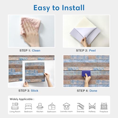 COMSTICKC 3D Peel and Stick Faux Wood Wall Sticker, 10 Pcs 11.8" x 11.8" - color: Brown-Blue
