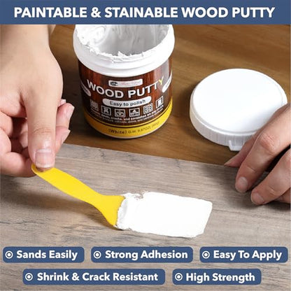 Bates- Wood Filler Putty Repair Kit, 9.87 Ounce, 2 Scrapers, 2 Sandpapers, White Wood Putty Filler Paintable & Stainable for Cracks, Holes and Defects in Wooden Furniture - color: White