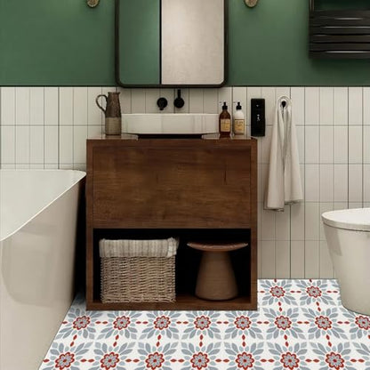 HOMETITUTE Nordic Red Grey Flower Peel Stick Floor 12x12 in Vinyl Flooring - color: Red