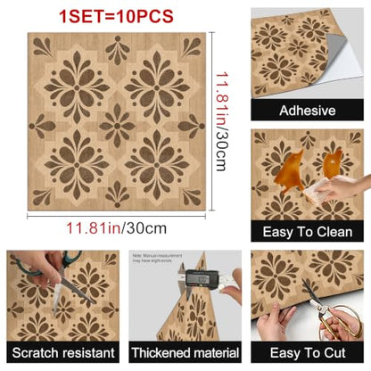 HOMETITUTE Brown Wood Grain Floral Peel Stick Floor Tile, 12"x12" (10Pcs) - color: HO-XD-00049