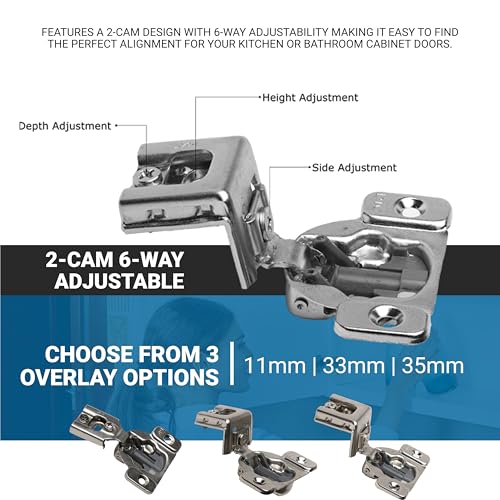 25 Pack Rok Hardware 105-Degree Opening Angle 7/16" (11mm) Overlay Screw-On 2-Cam, 6 Way Adjustable Soft-Close Face Frame Cabinet Hinges, Nickel Plated Finish - H8Q045H