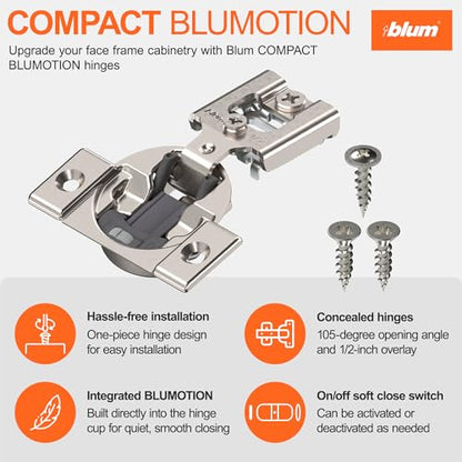 Blum Compact BLUMOTION Soft-Close Face Frame Hinge, 1/2 in Overlay, 1-Pack - size: Pack of 1, style: With Screws