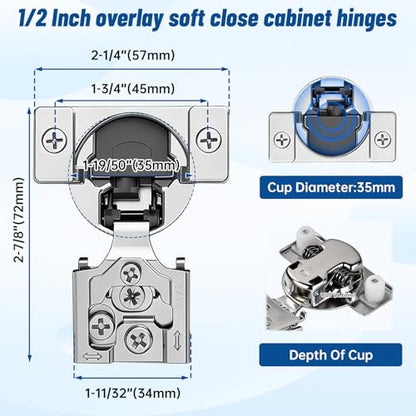 TopDirect 20 Pack Overlay Soft Close Door Hinges,1/2 inch Kitchen Cabinets Hinges for Face Frame Door,105°Opening Angle Concealed Self Closing Cabinet Hinges - size: 20 Pack