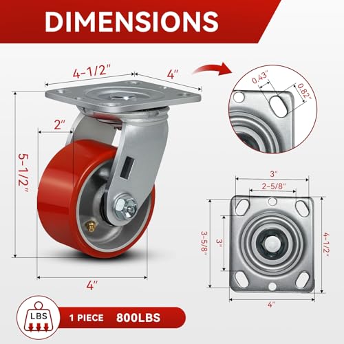 4"x2" Industrial Casters- Heavy Duty casters,Polyurethane Casters Wheel,Capacity up to 3200 Lb. Use for Platform Truck, U-Boat Cart,Workbenches(4 Swivel) - style: 4 inch