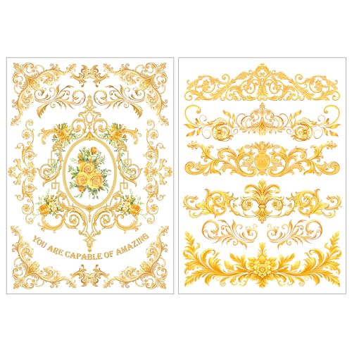 Joeyan Rub On Transfers for Crafts and Furniture, 2 Sheets Large Gold Floral Rub on Stickers DIY Flower Transfer Decals for Wood Glass Metal Canvas Porcelain Plastic Home Decorations, 11" x16" - style: Gold Floral