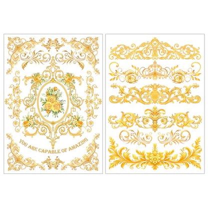 Joeyan Rub On Transfers for Crafts and Furniture, 2 Sheets Large Gold Floral Rub on Stickers DIY Flower Transfer Decals for Wood Glass Metal Canvas Porcelain Plastic Home Decorations, 11" x16" - style: Gold Floral